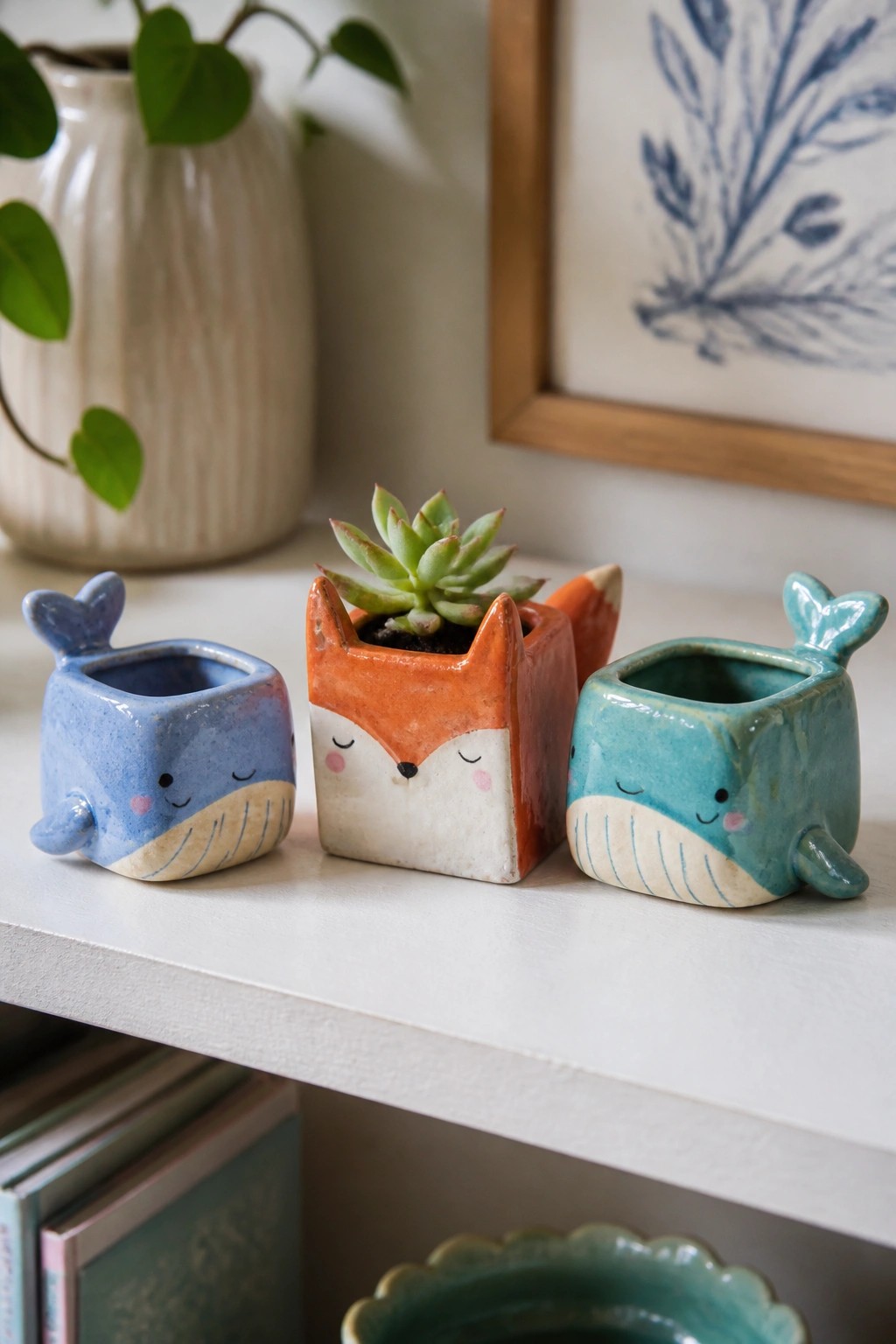 Three small ceramic animal-shaped planters on a white shelf, including a blue whale, an orange fox with a succulent, and a teal whale.