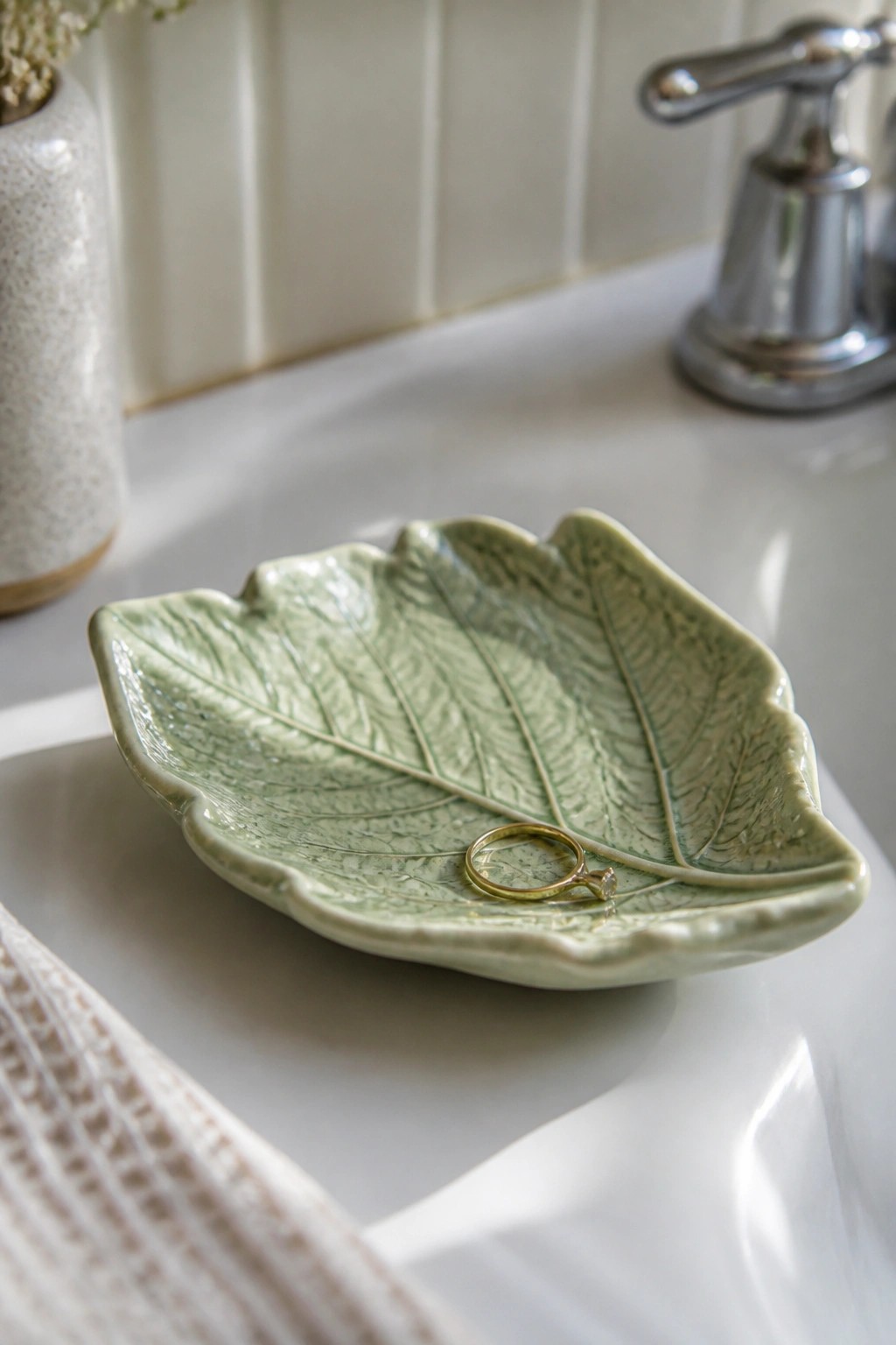 Green leaf-shaped ceramic dish holding gold diamond ring on white sink