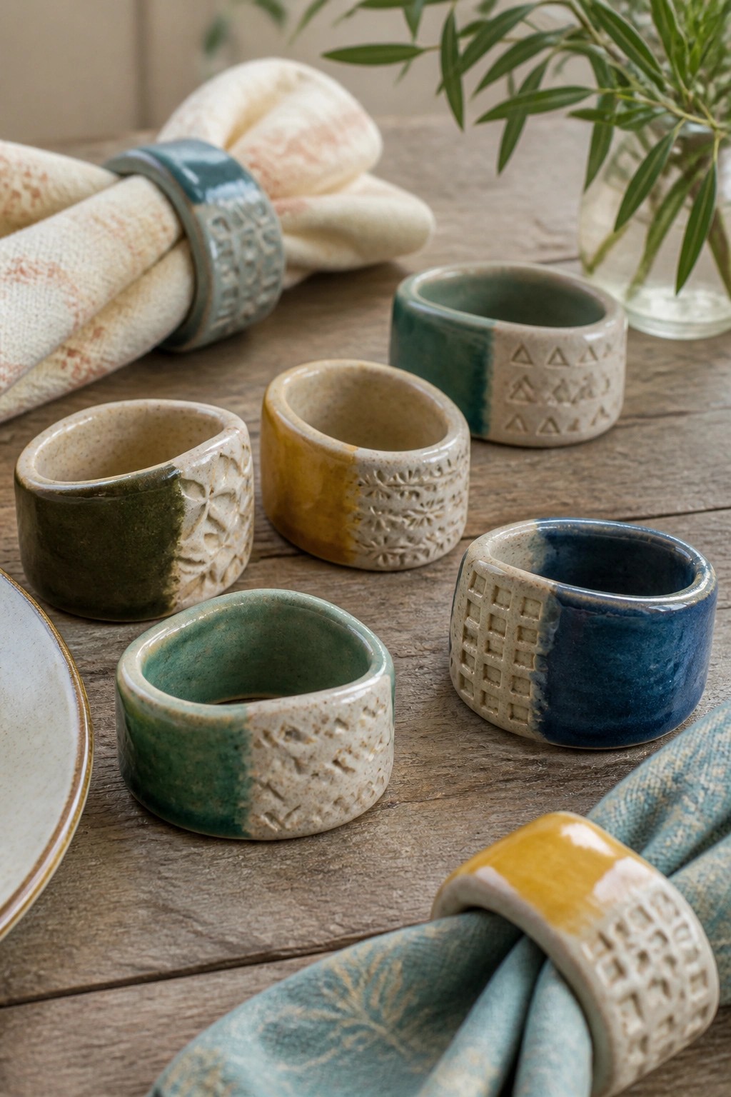 Colorful ceramic napkin rings with embossed patterns on rustic wooden table