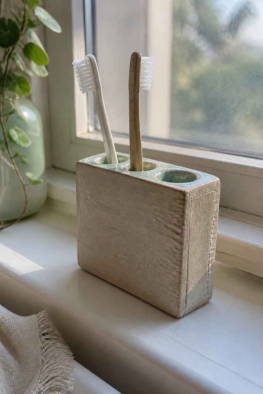 Two toothbrushes in a beige ceramic holder on a sunlit white windowsill with plant nearby.
