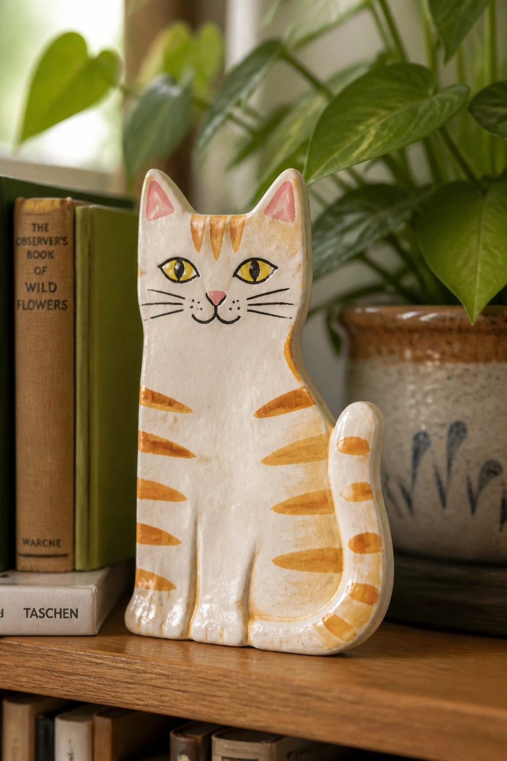 Ceramic cat figurine with orange stripes and yellow eyes on wooden shelf beside books and plants.