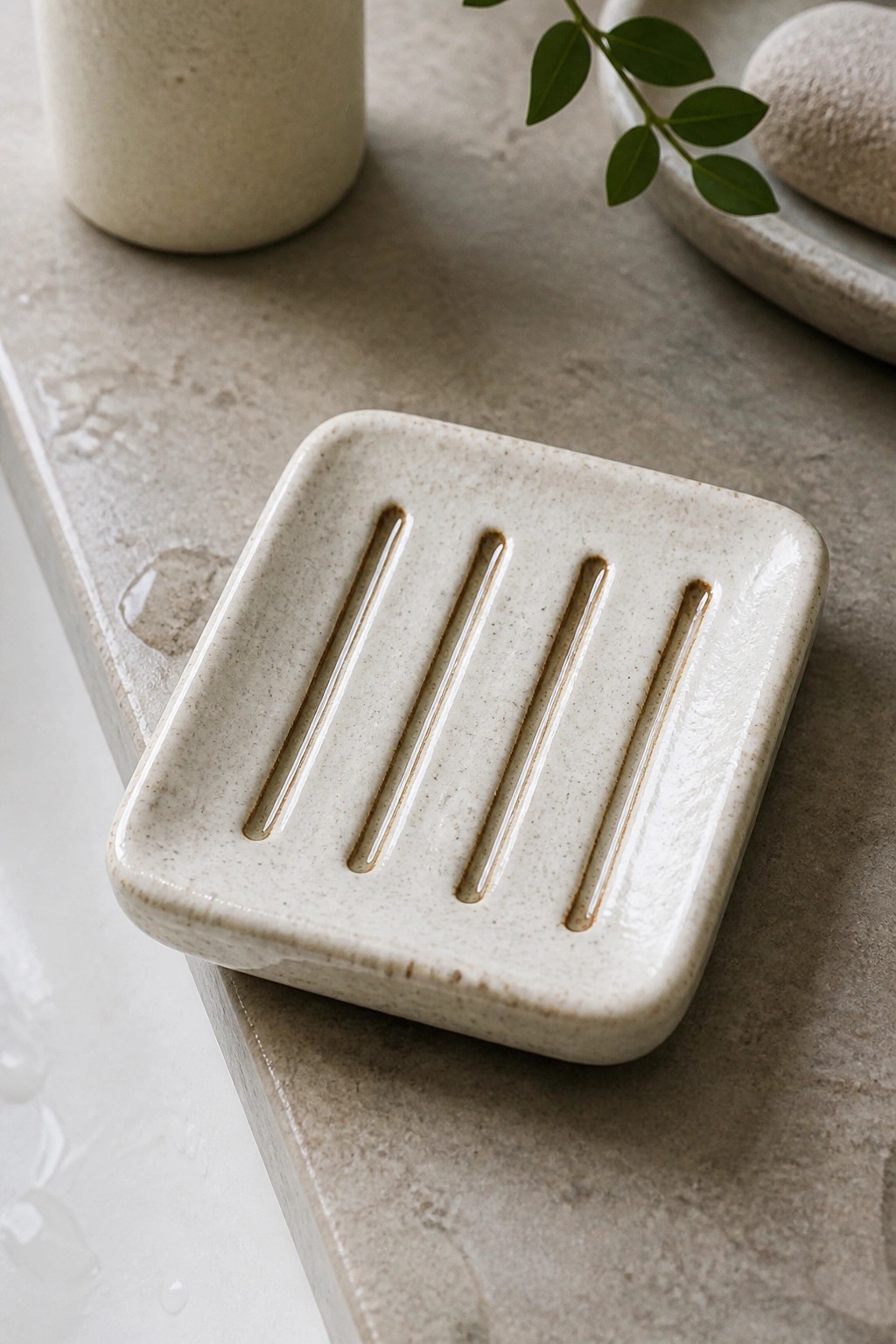 Beige ceramic soap dish with four grooves on a marble countertop