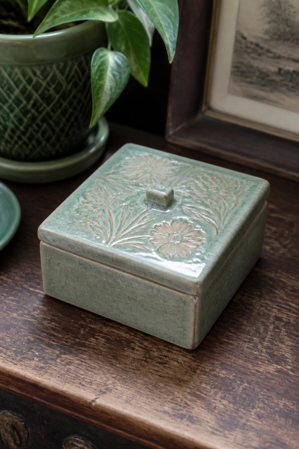 Square green ceramic box with floral relief on wooden table beside plant.