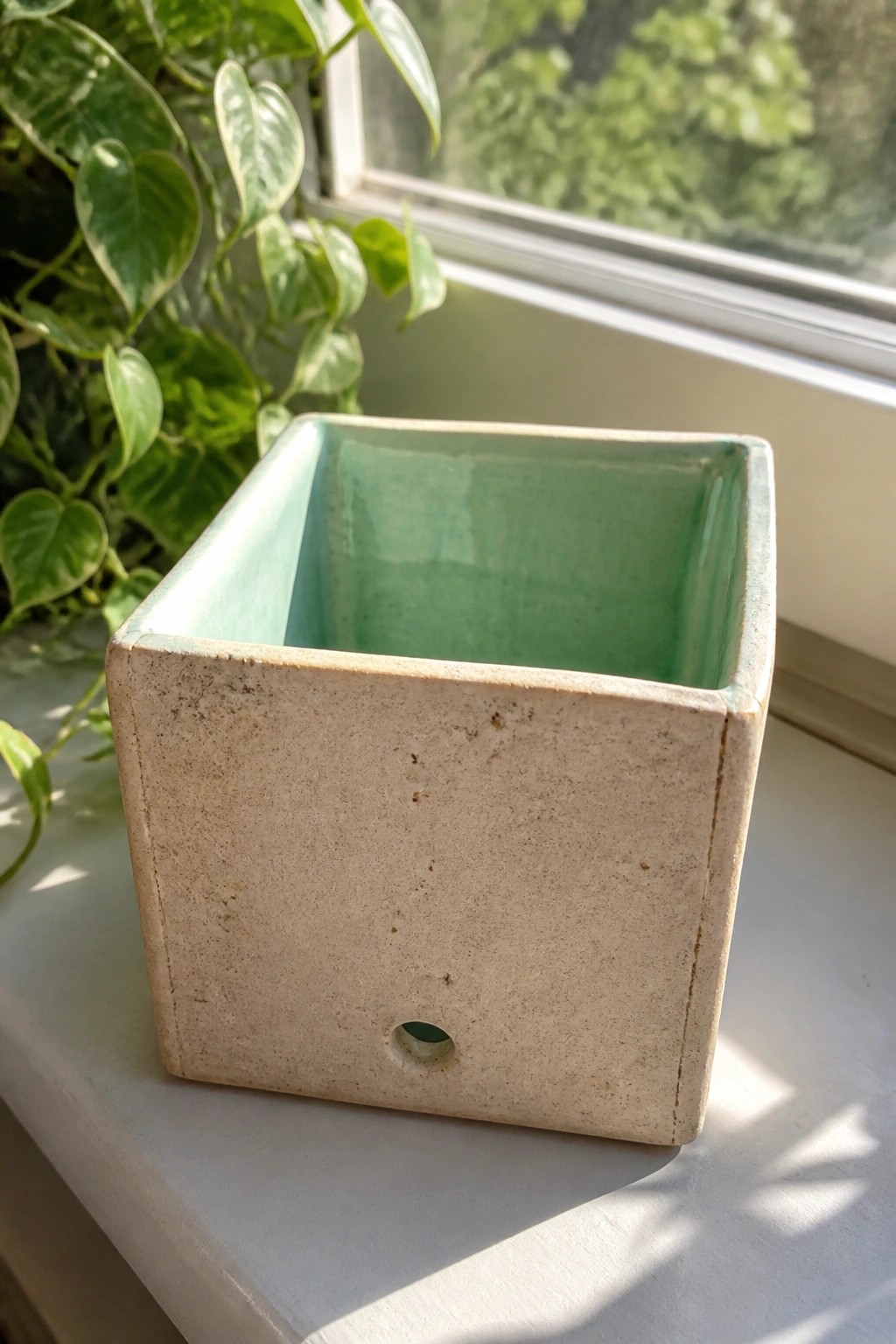 Square beige ceramic planter with green glazed interior on white windowsill