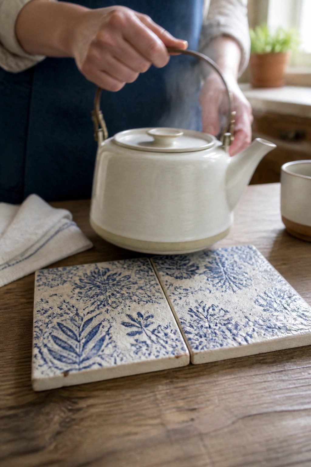 Hands in blue apron holding steaming white teapot above blue floral tiles on wood table