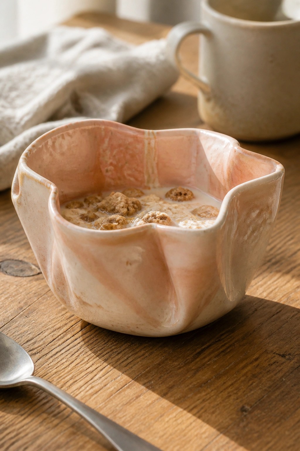 Marbled pink ceramic bowl of cereal on wooden table with spoon nearby