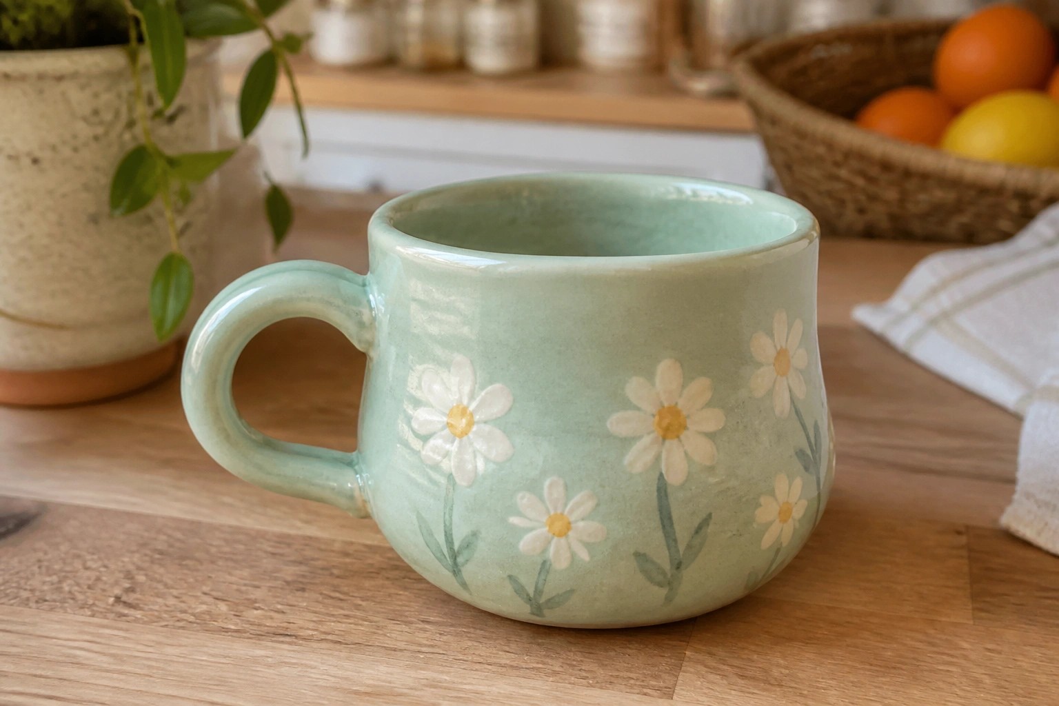 Green ceramic mug with white daisy flowers on light countertop.
