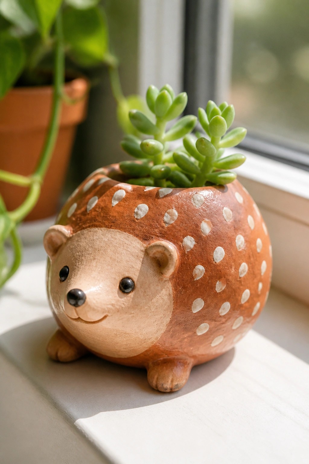 Ceramic hedgehog planter with white spots holding green succulent on windowsill