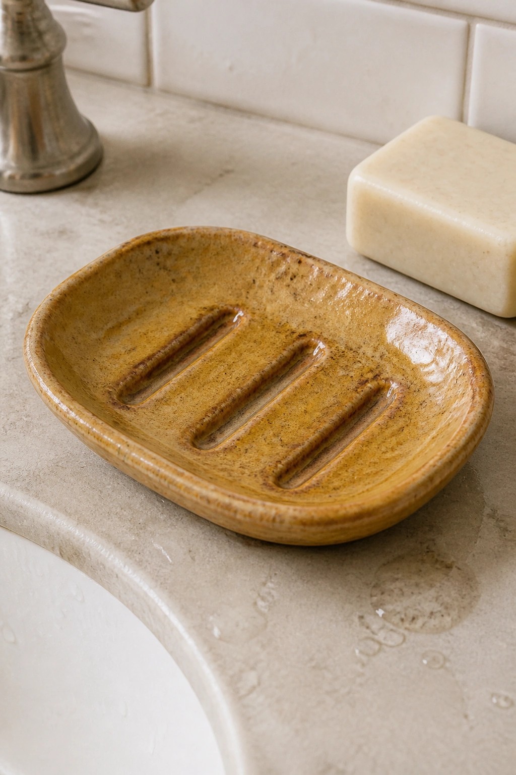 Brown ridged soap dish and bar on wet marble bathroom counter.