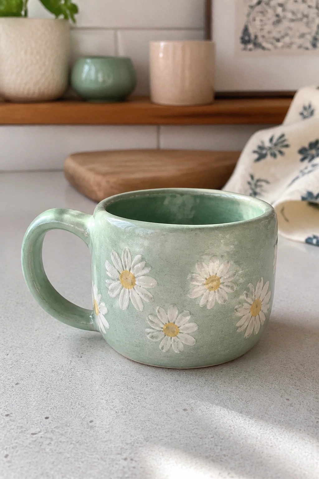 Green ceramic mug with white daisy flowers on light countertop.