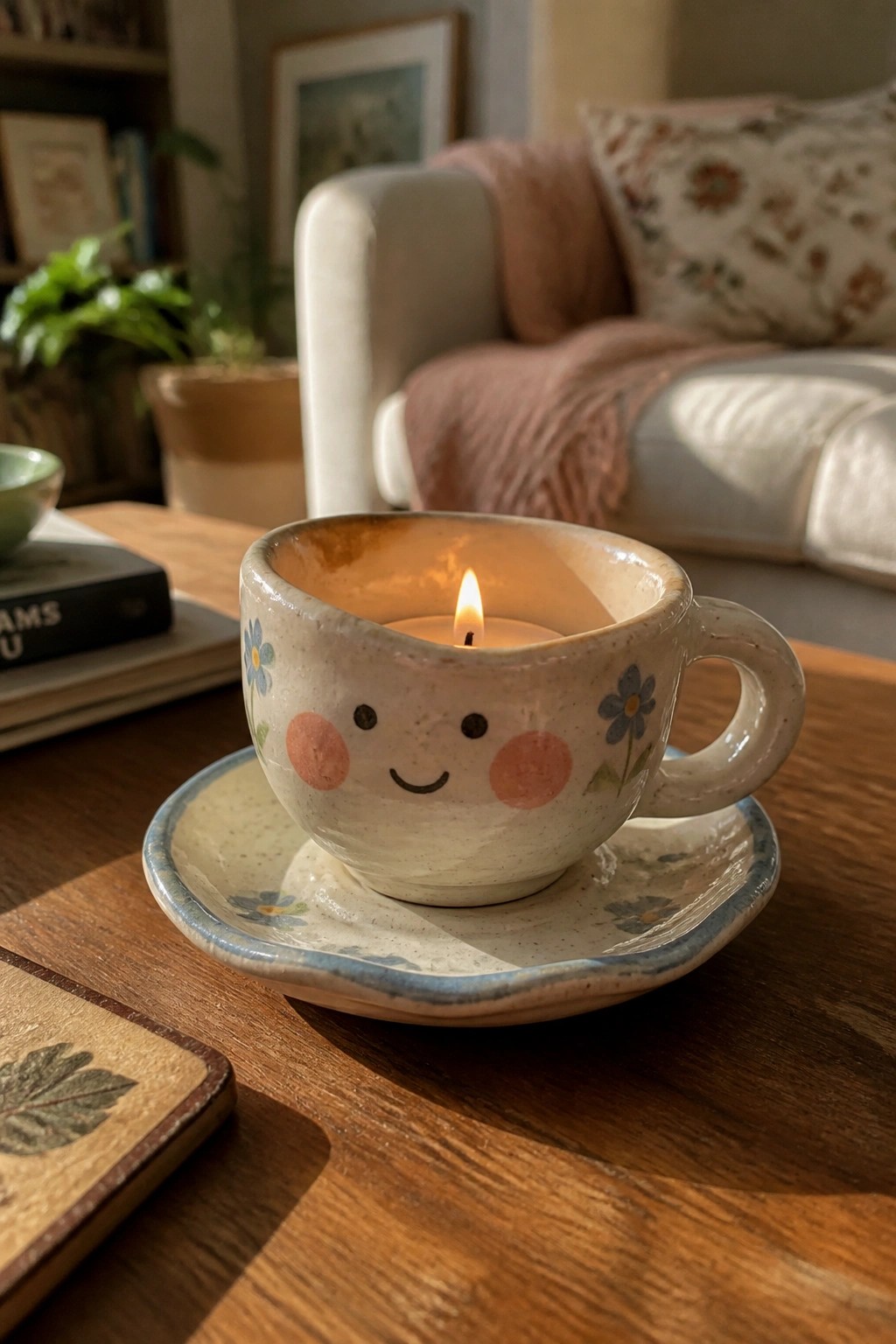 Lit candle in smiling ceramic cup with pink cheeks on floral saucer