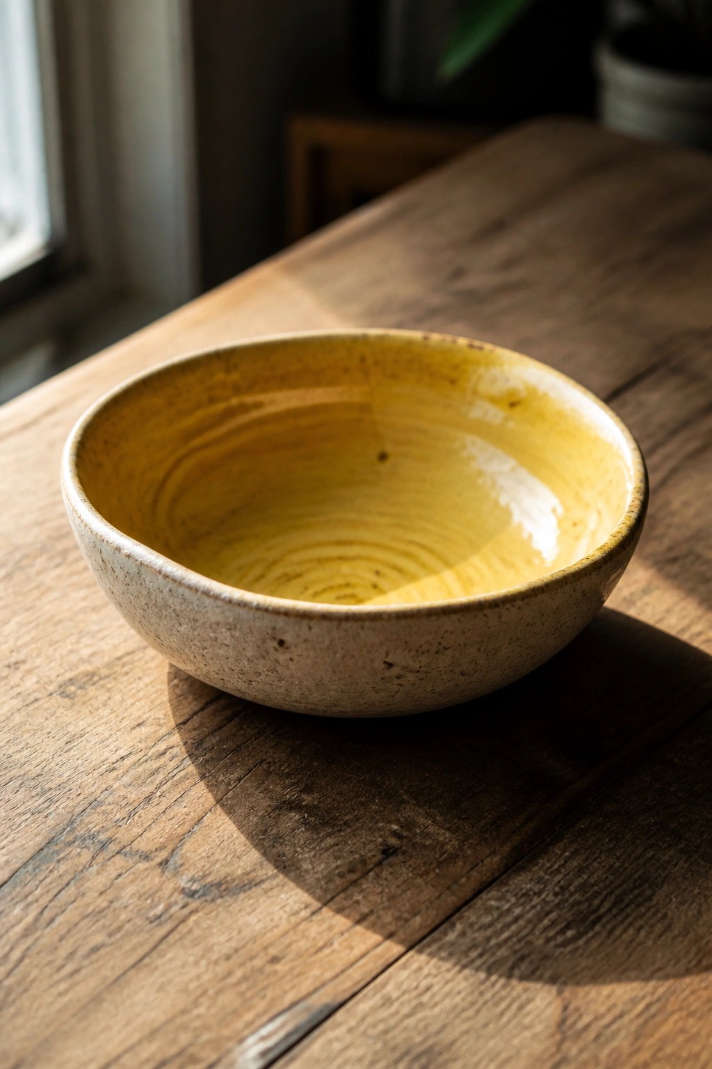 Yellow speckled ceramic bowl on sunlit rustic wooden table with shadows