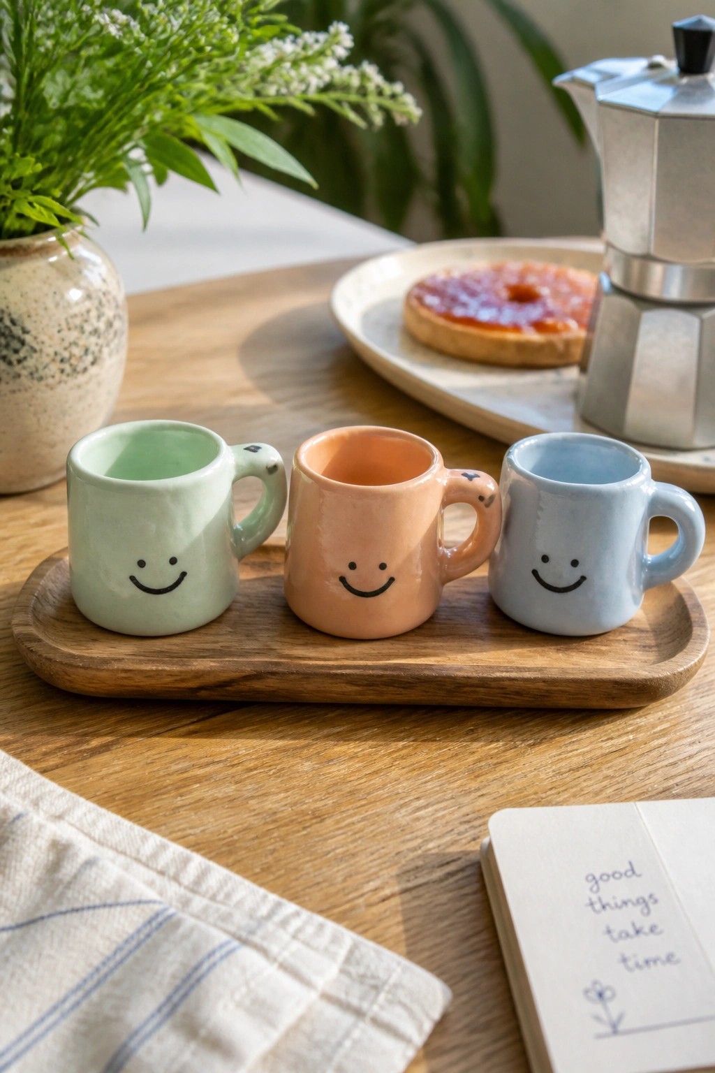 Three pastel smiley face mugs on wooden tray with coffee maker and donut nearby
