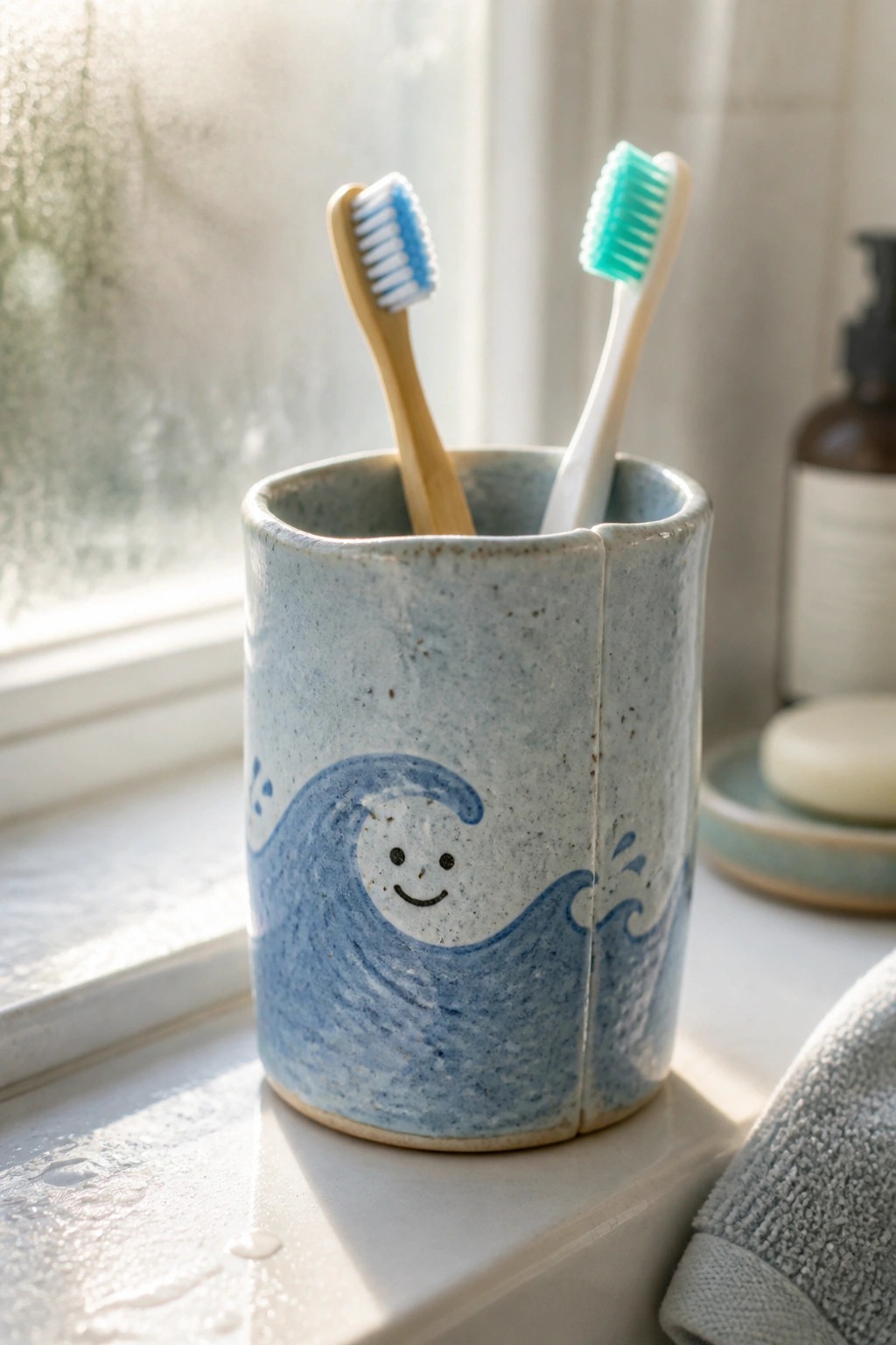 Two toothbrushes in blue ceramic holder with smiling wave design on windowsill.