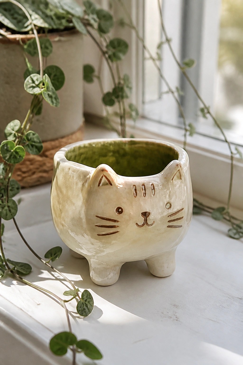 White ceramic cat-shaped planter with brown face details on windowsill amid green plants
