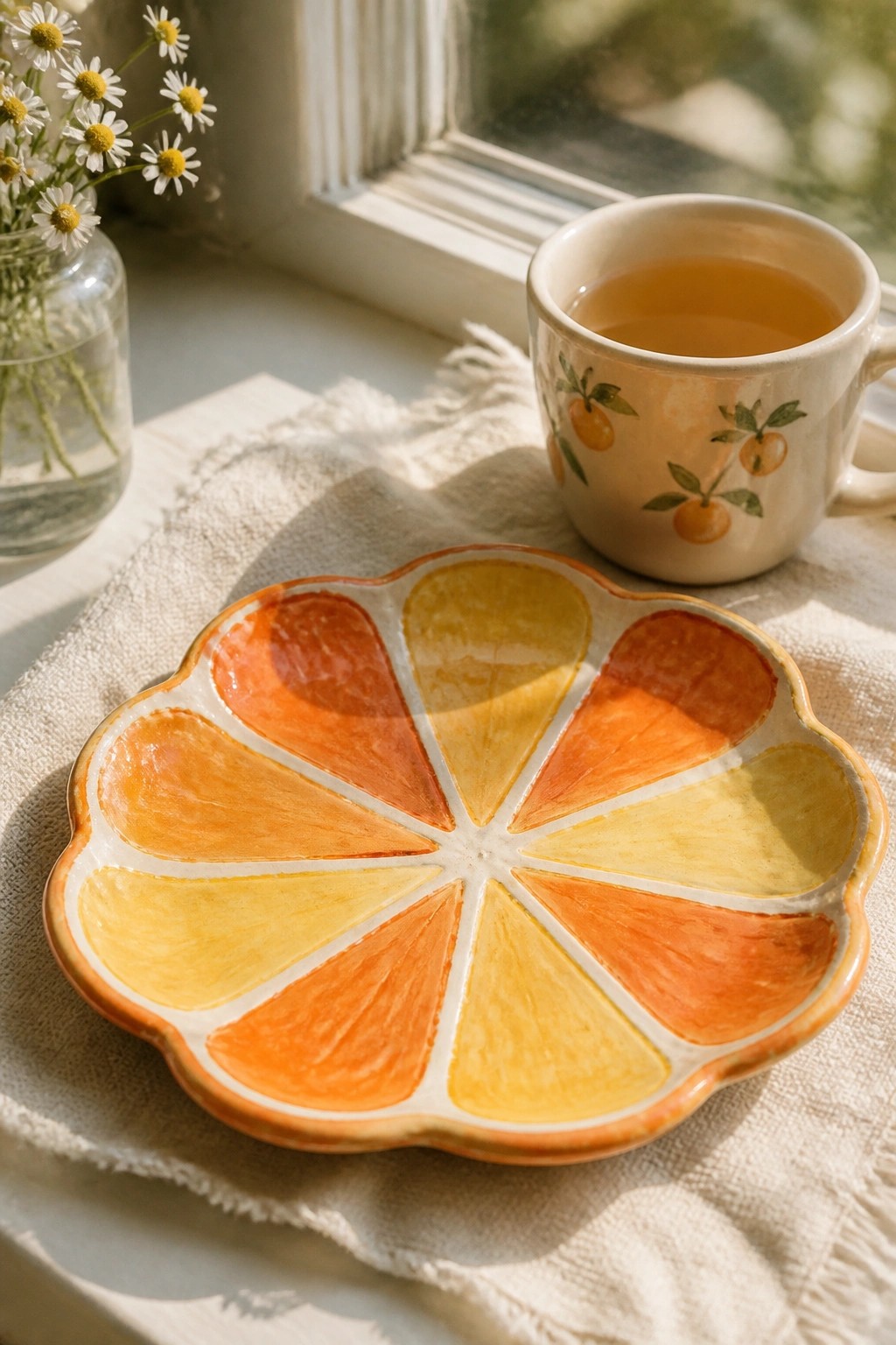 Colorful citrus slice plate with orange mug and daisies on sunny windowsill