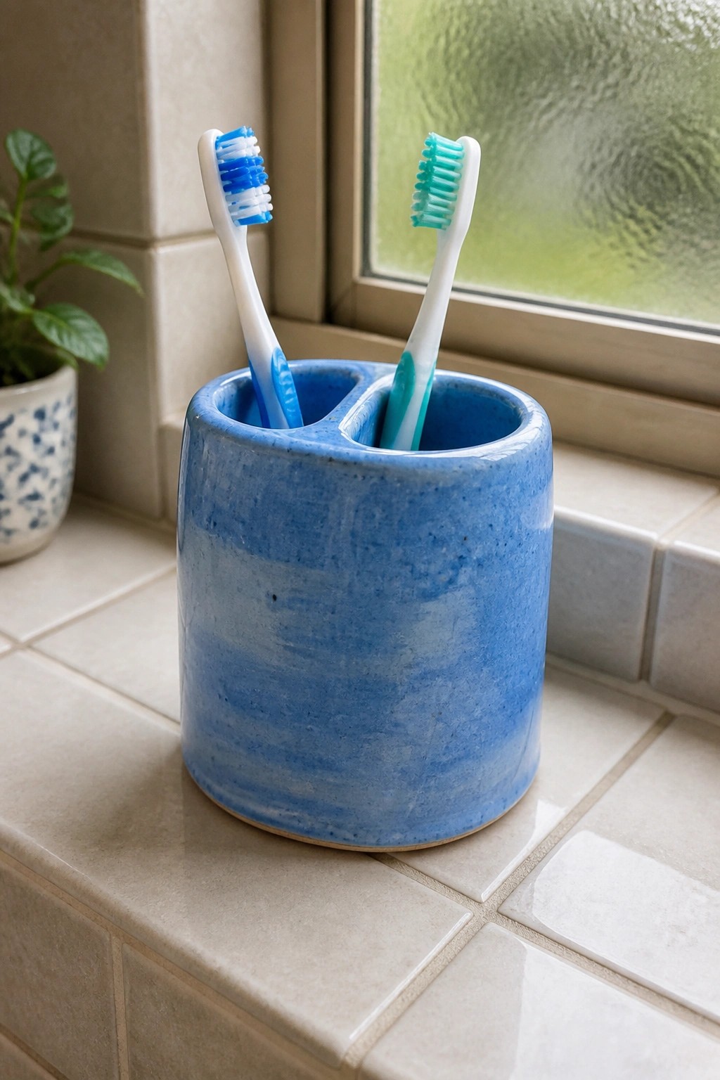 Two toothbrushes in a blue divided ceramic holder on tiled windowsill