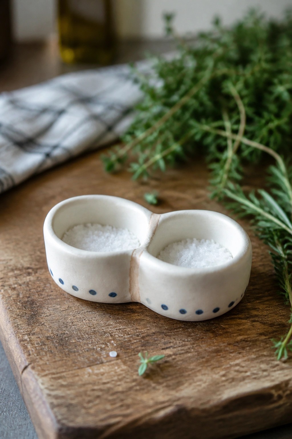 Double white ceramic salt bowls with blue dots on rustic wooden board with herbs