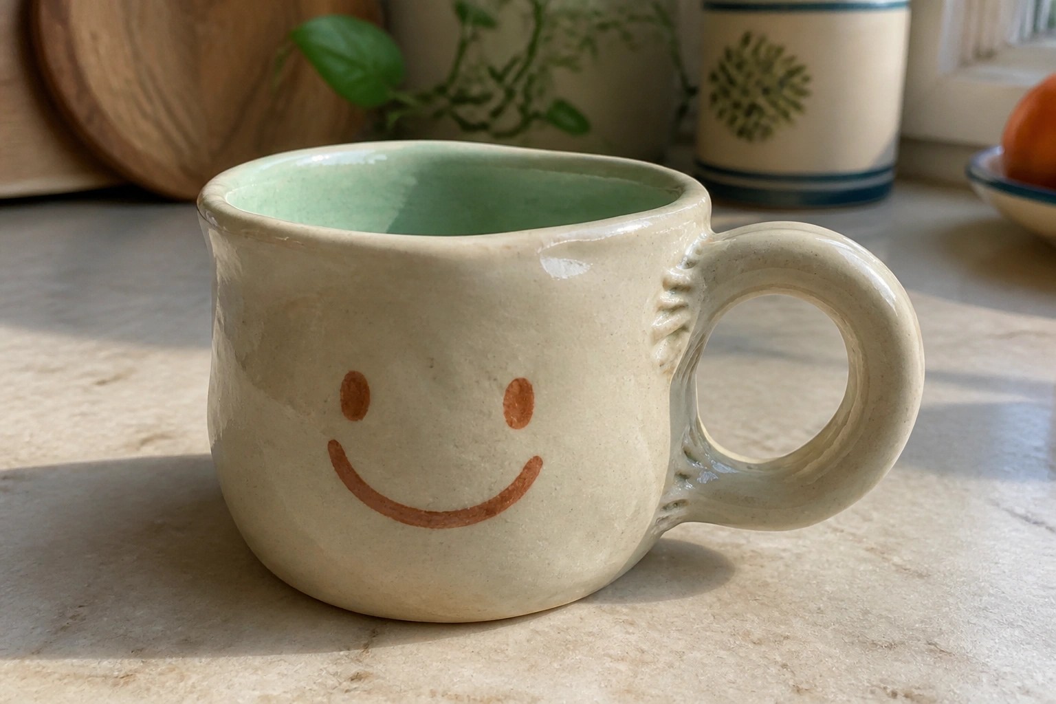 White ceramic mug with brown smiley face and green interior on marble counter