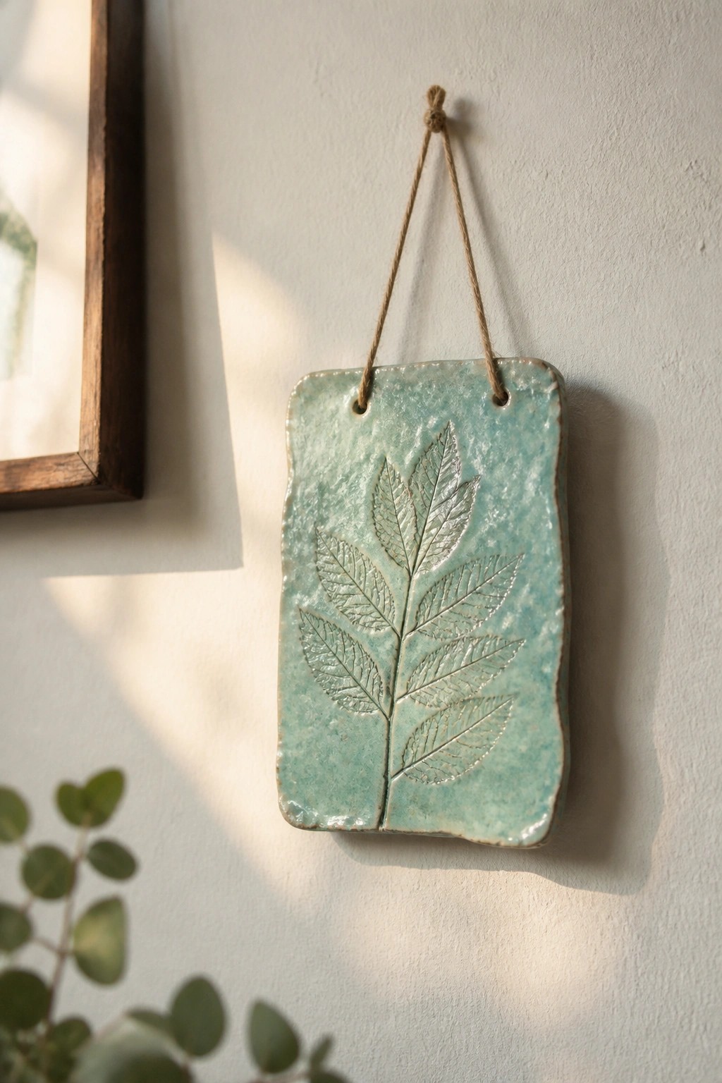 A rectangular turquoise ceramic tile with embossed leaf designs hangs on a white wall by twine threaded through two holes.