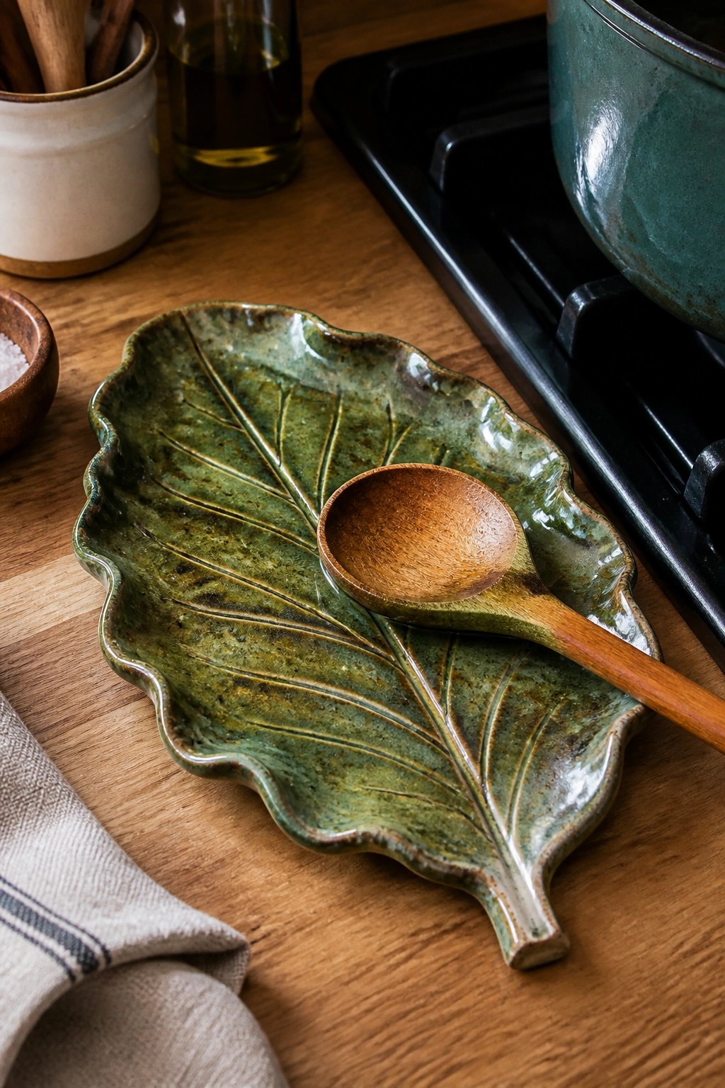 A green glazed ceramic leaf-shaped dish holding a wooden spoon on a wooden countertop next to a stove.