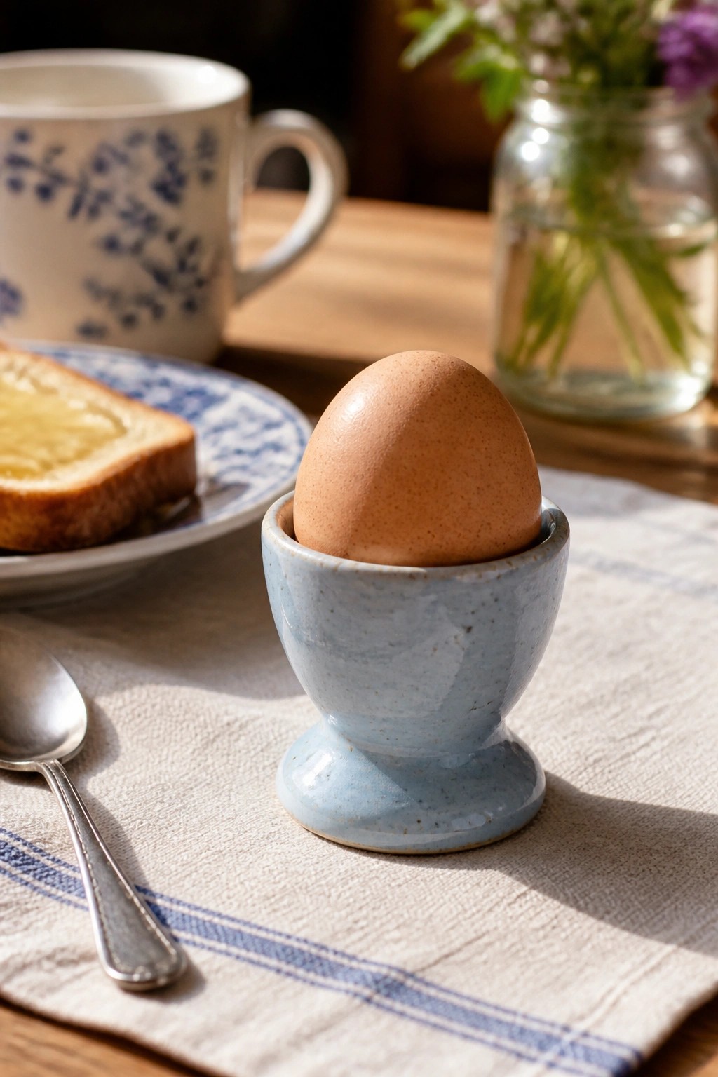 Brown egg in light blue ceramic cup on striped napkin with spoon and toast