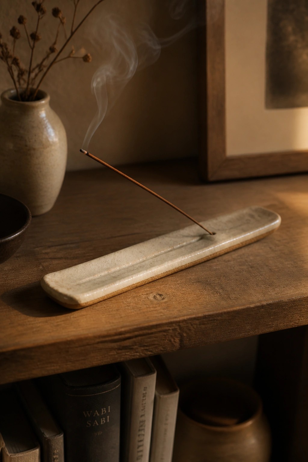 Burning incense stick in speckled ceramic holder on wooden table with rising smoke