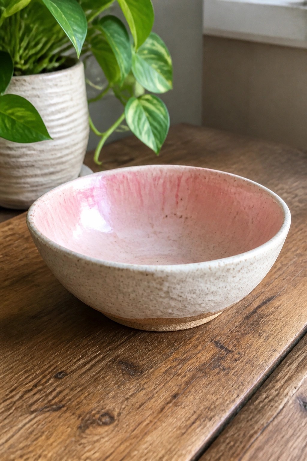 Pink speckled ceramic bowl on wooden table with houseplant in background