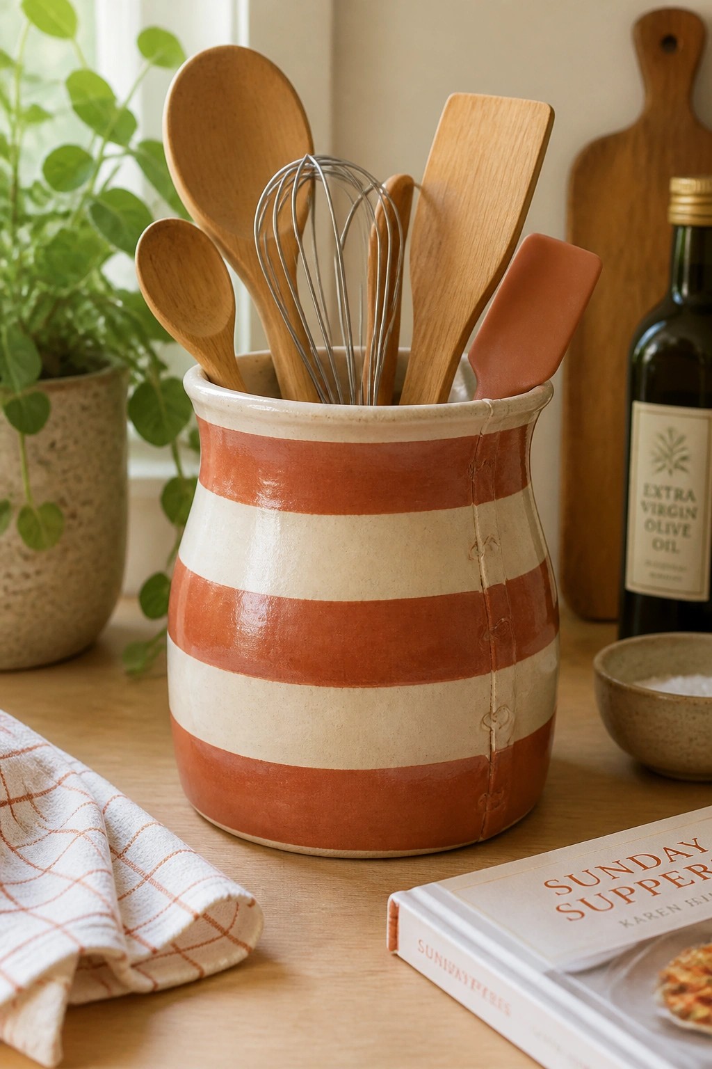 Striped terracotta ceramic crock holding wooden spoons, whisk, and spatulas beside cookbook.