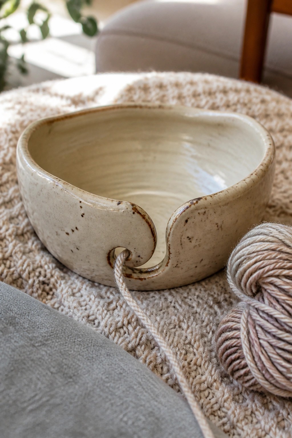 Ceramic yarn bowl with spiral notch on textured beige knit fabric
