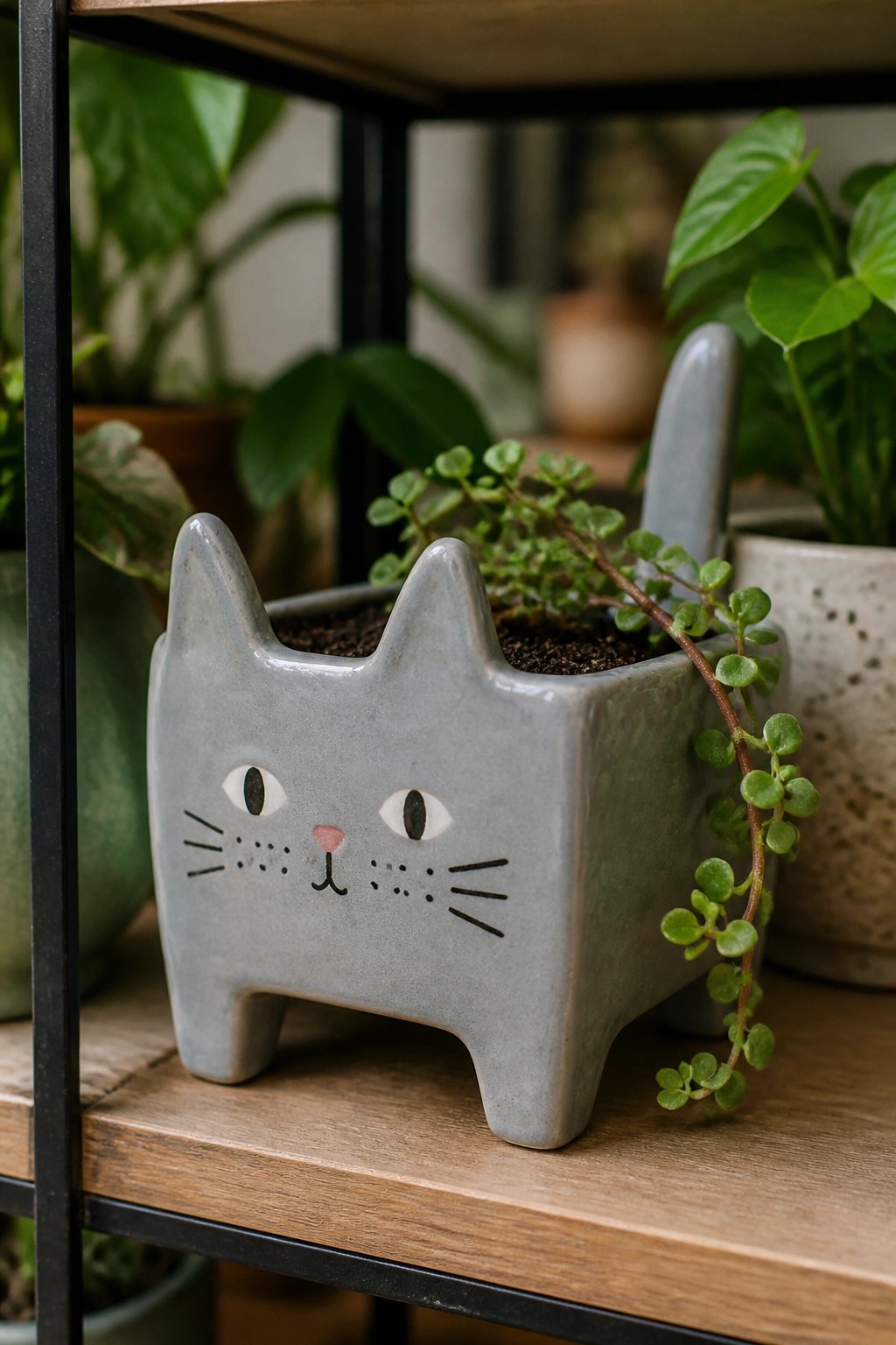 A gray ceramic cat-shaped planter with painted face details holds a small green trailing plant on a wooden shelf.