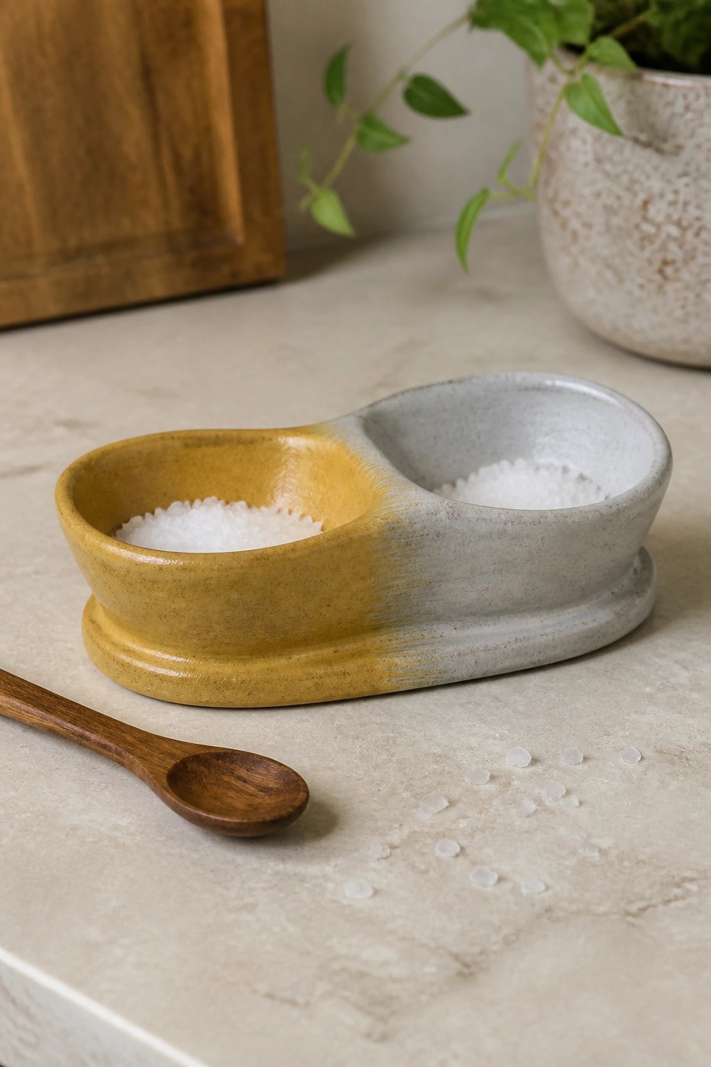 Two-toned ceramic salt dish in yellow and gray with wooden spoon on marble.