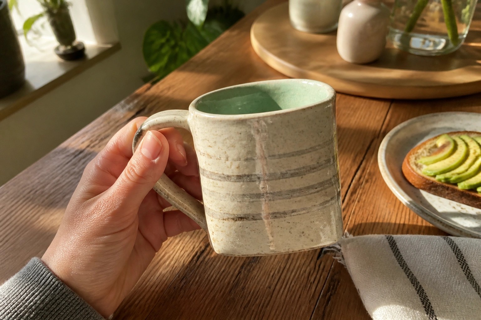 Hand holding speckled ceramic mug with green glaze on sunlit wooden table