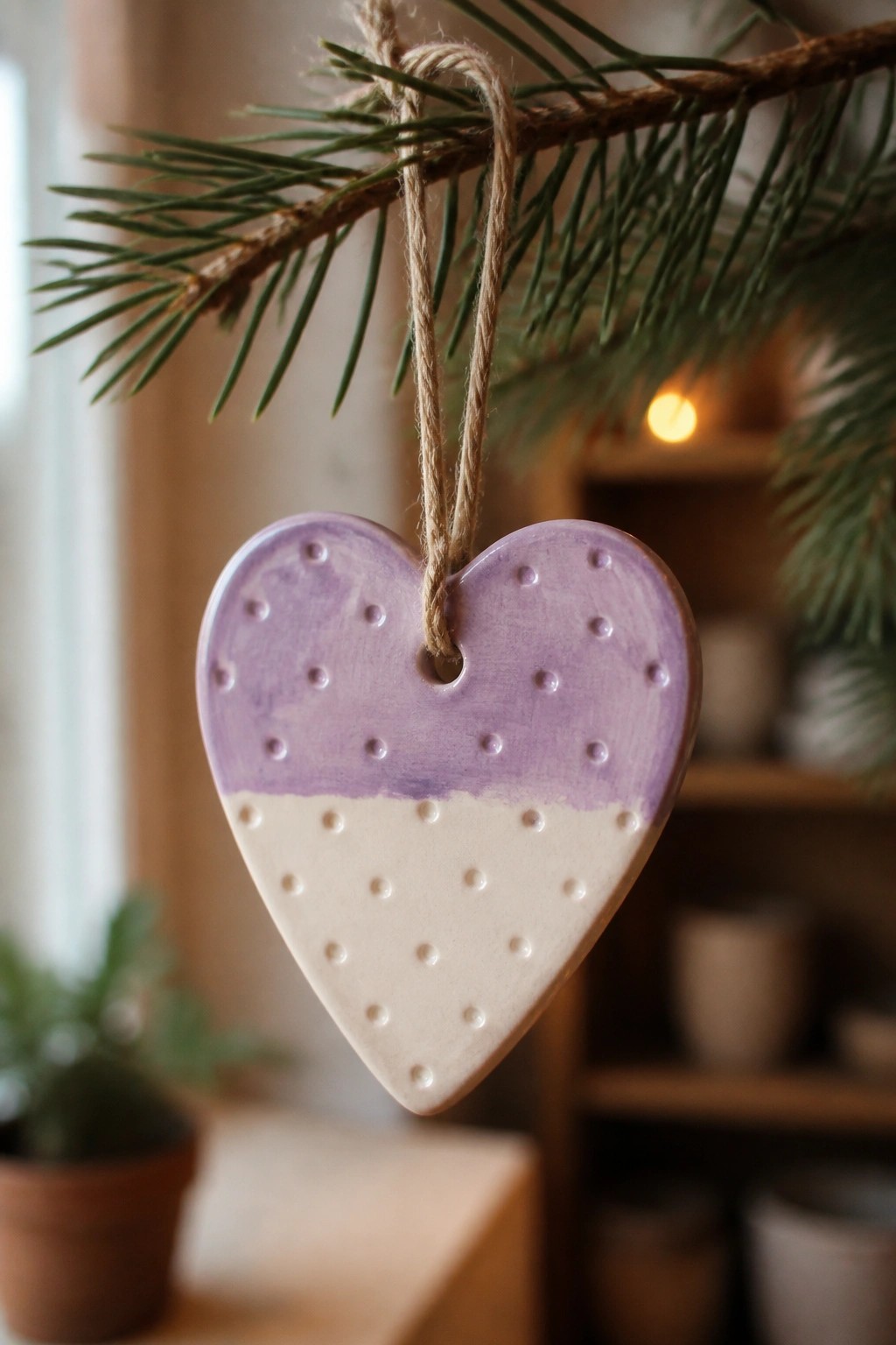Purple and white heart-shaped ceramic ornament hanging from pine branch with twine.