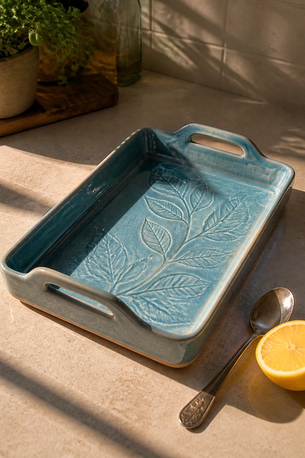 Blue ceramic tray with embossed leaves beside spoon and lemon half on counter