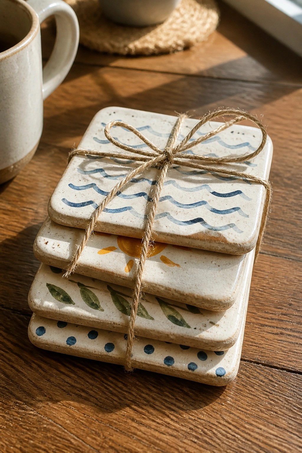 Stack of ceramic coasters with waves, sun, leaves, and dots tied with twine on wood