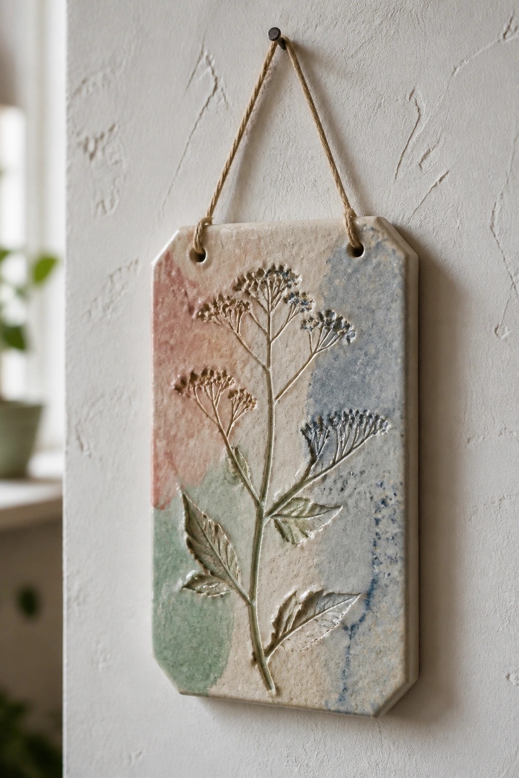 Hanging ceramic tile with embossed plant and multicolored pastel glazes on twine.
