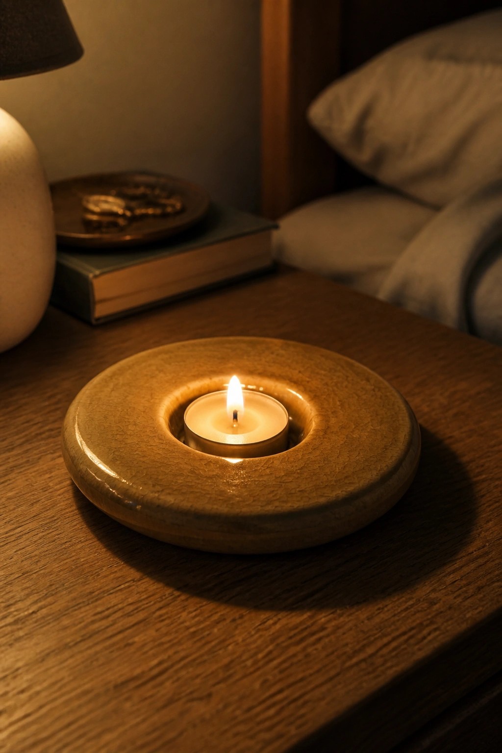 Lit candle in round crackled ceramic holder on wooden nightstand at night