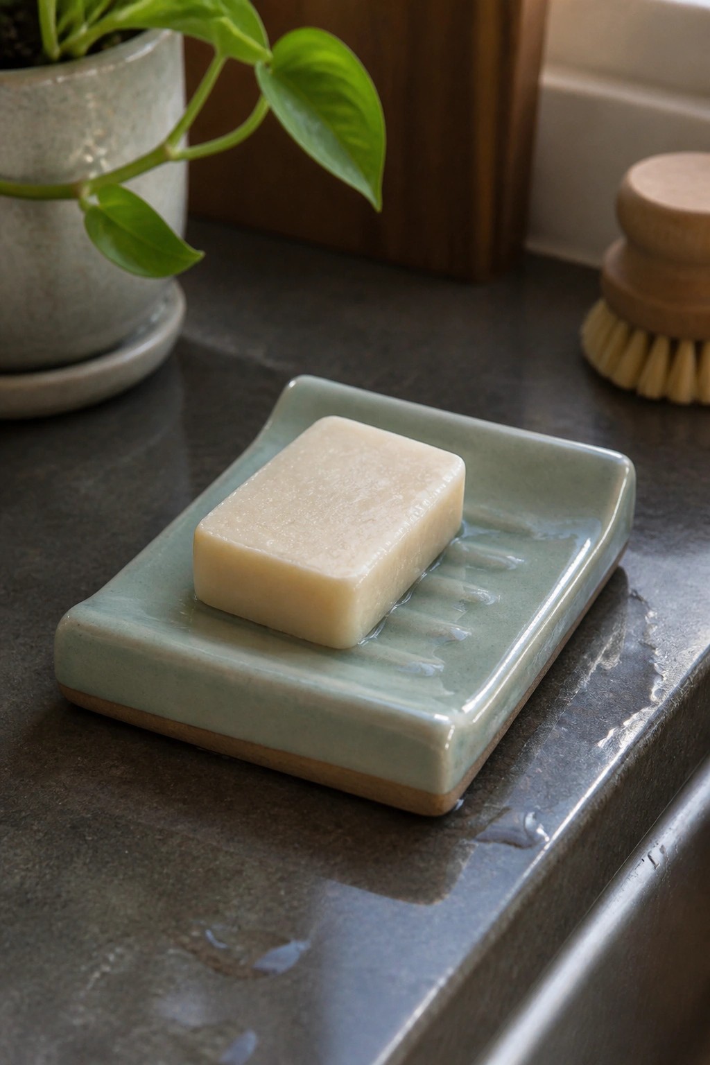 Rectangular soap bar on wet light green ceramic dish atop dark countertop