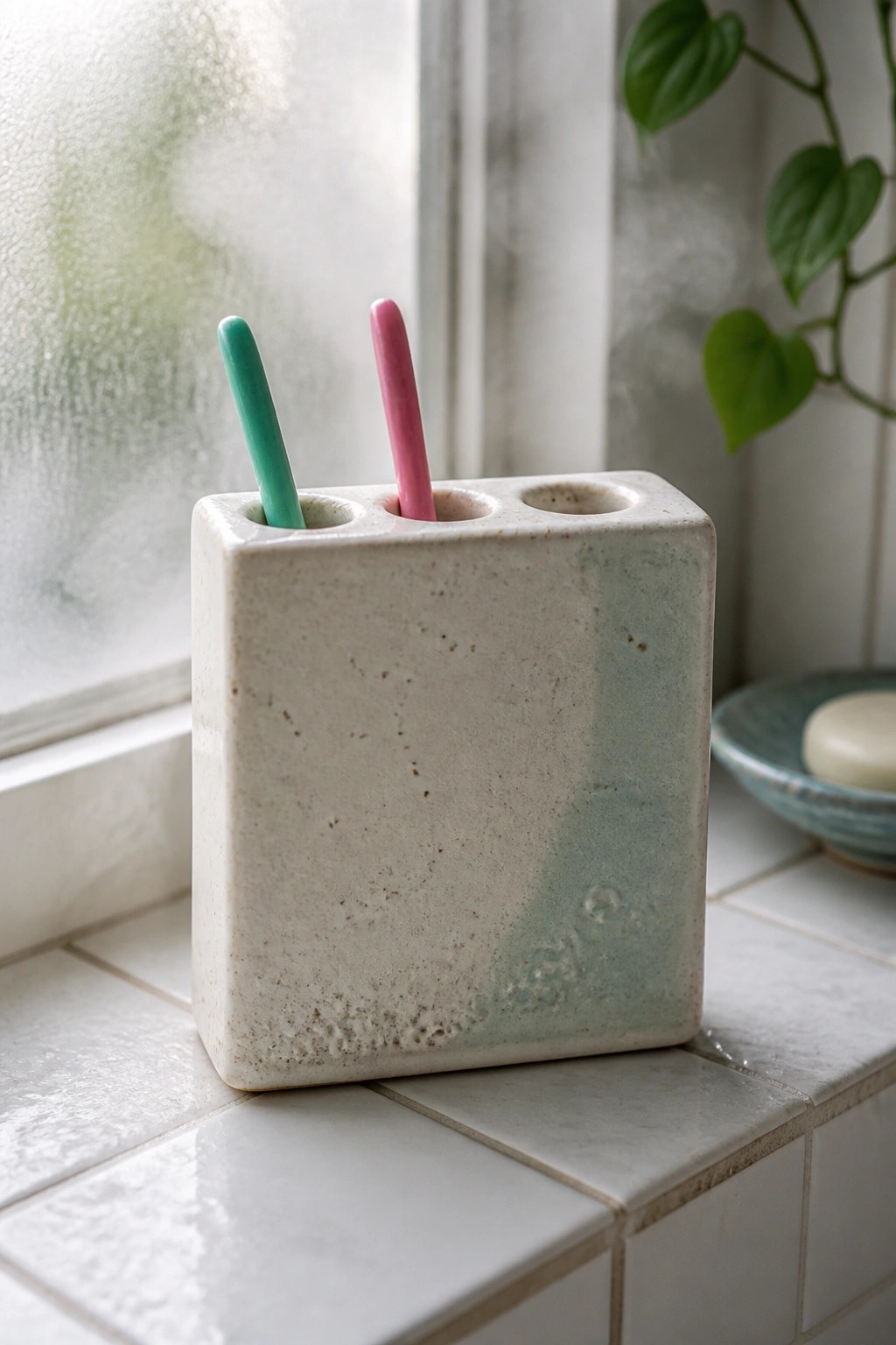 Square speckled ceramic holder with green and pink toothbrushes on tiled sill