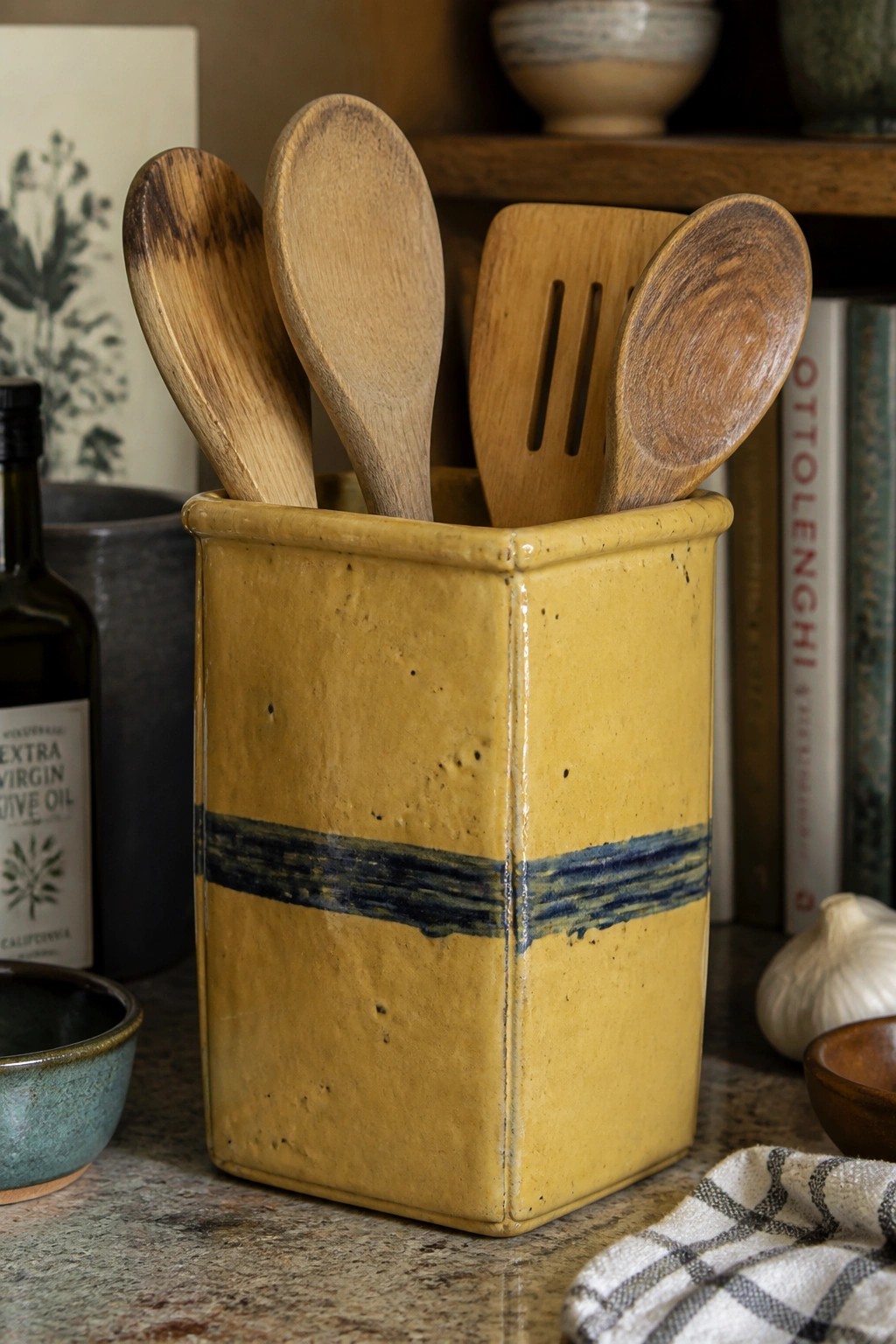 Yellow ceramic holder with blue stripe holding wooden spoons and spatulas on counter