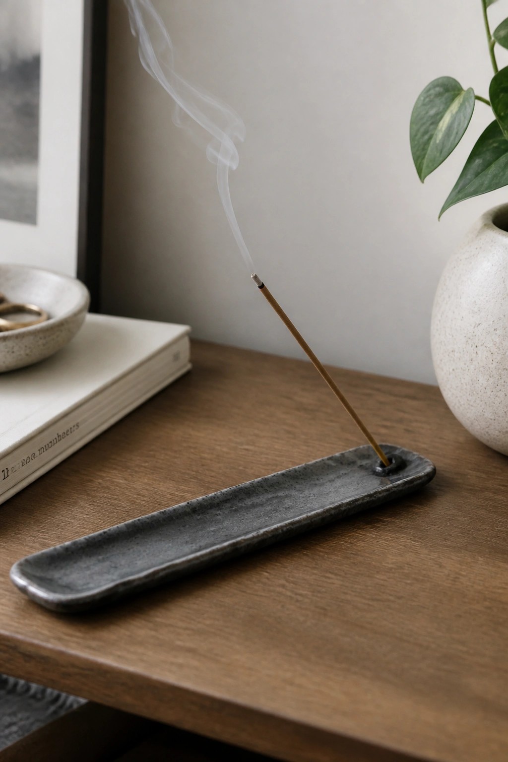 Lit incense stick with rising smoke in a dark ceramic holder on wood