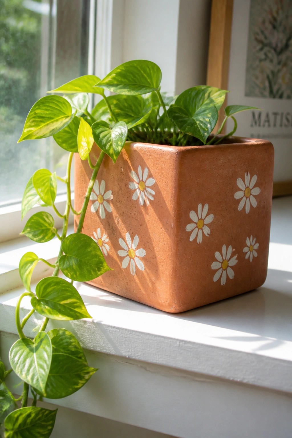 Sunlit variegated plant in square terracotta pot with white daisy designs