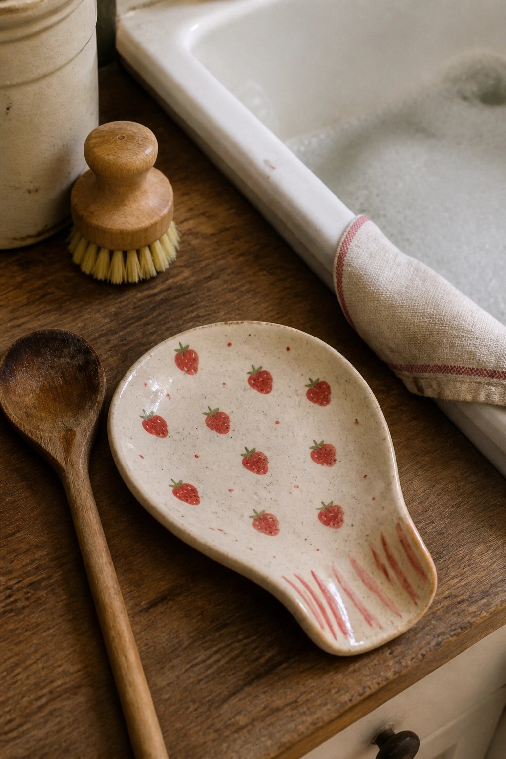Ceramic strawberry spoon rest with wooden spoon and brush near white sink.