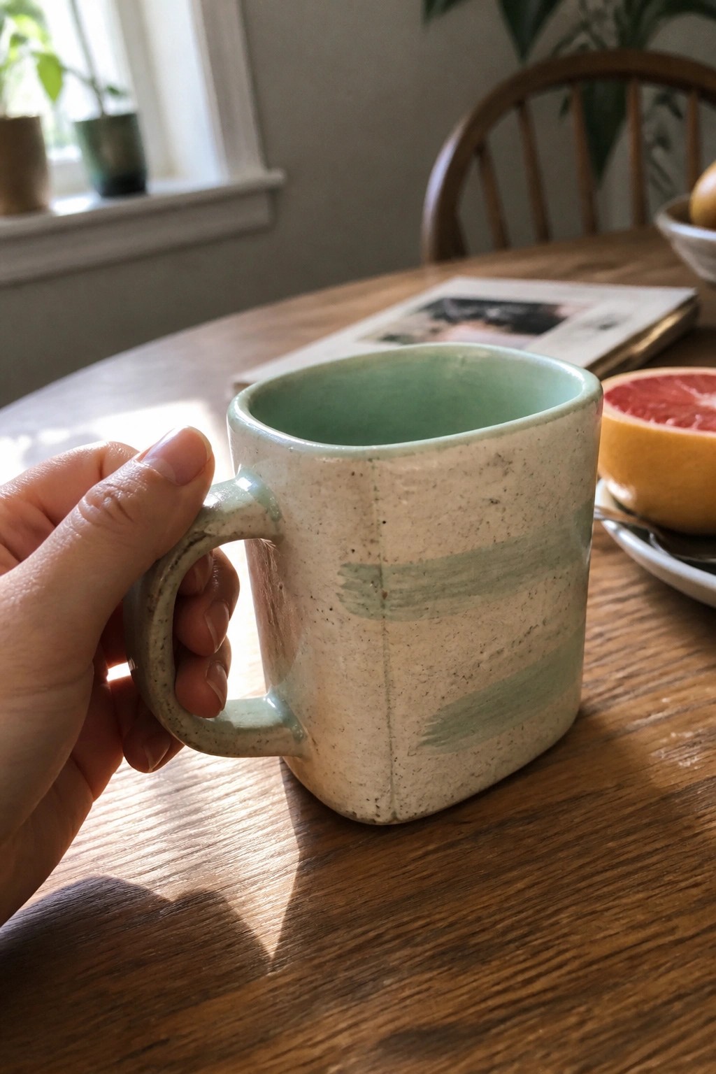Hand holding speckled ceramic mug with green glaze on sunlit wooden table