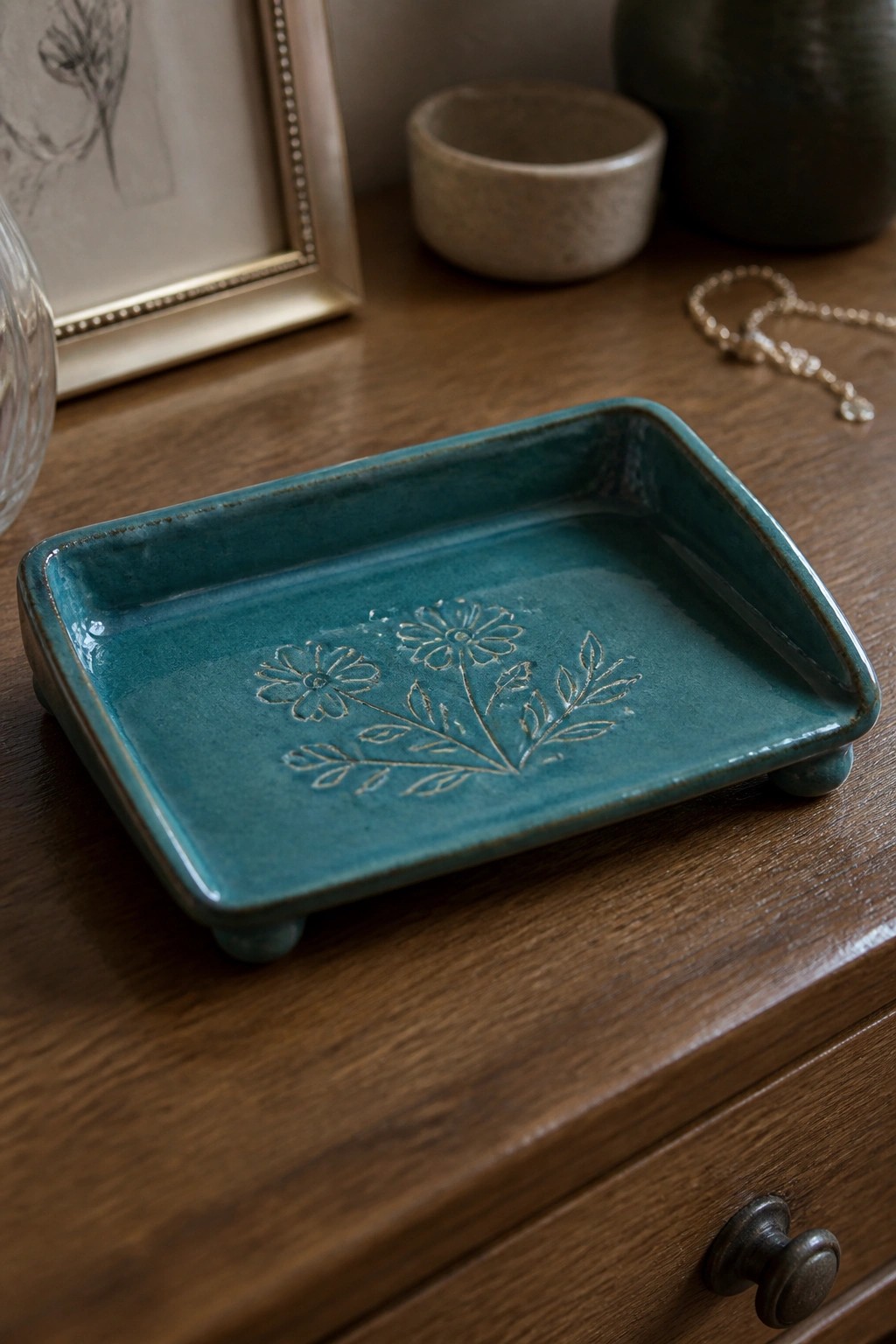 Teal ceramic tray with embossed flowers on rustic wooden dresser surface