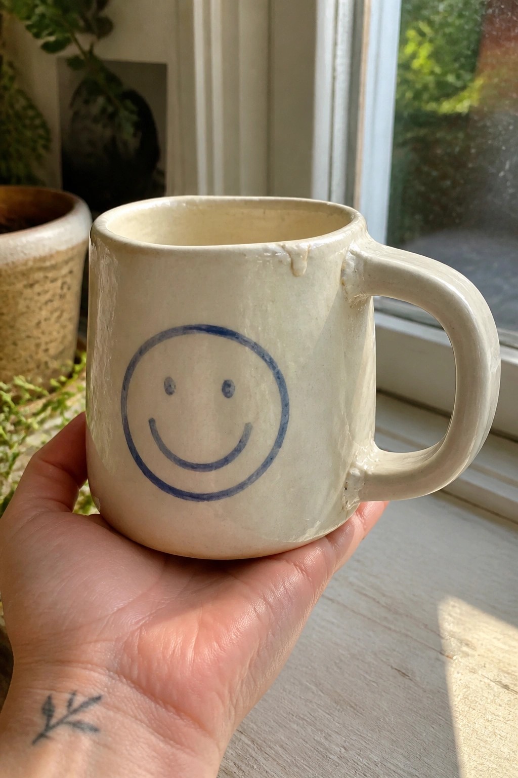 Hand holding off-white ceramic mug with blue smiley face by window