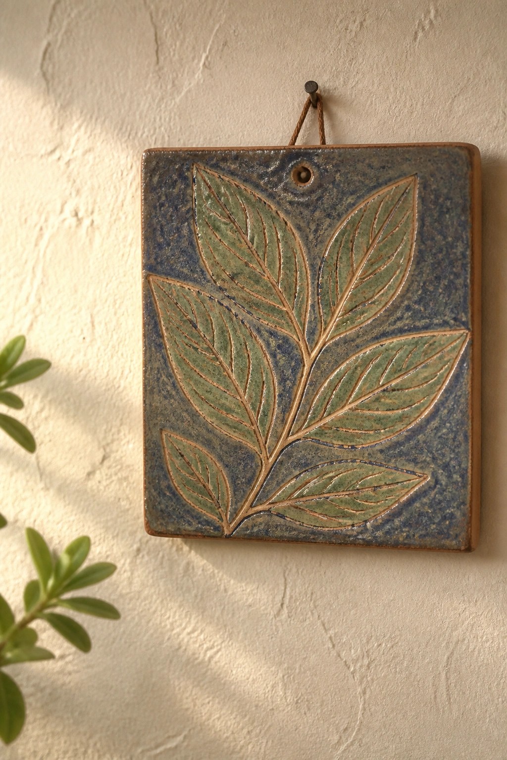 Square blue ceramic tile with green embossed leaves hanging on textured wall