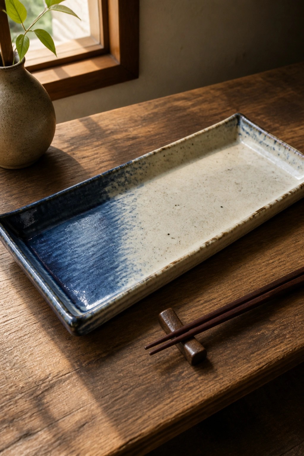 Rectangular blue and cream ceramic tray with chopsticks on wooden table beside vase
