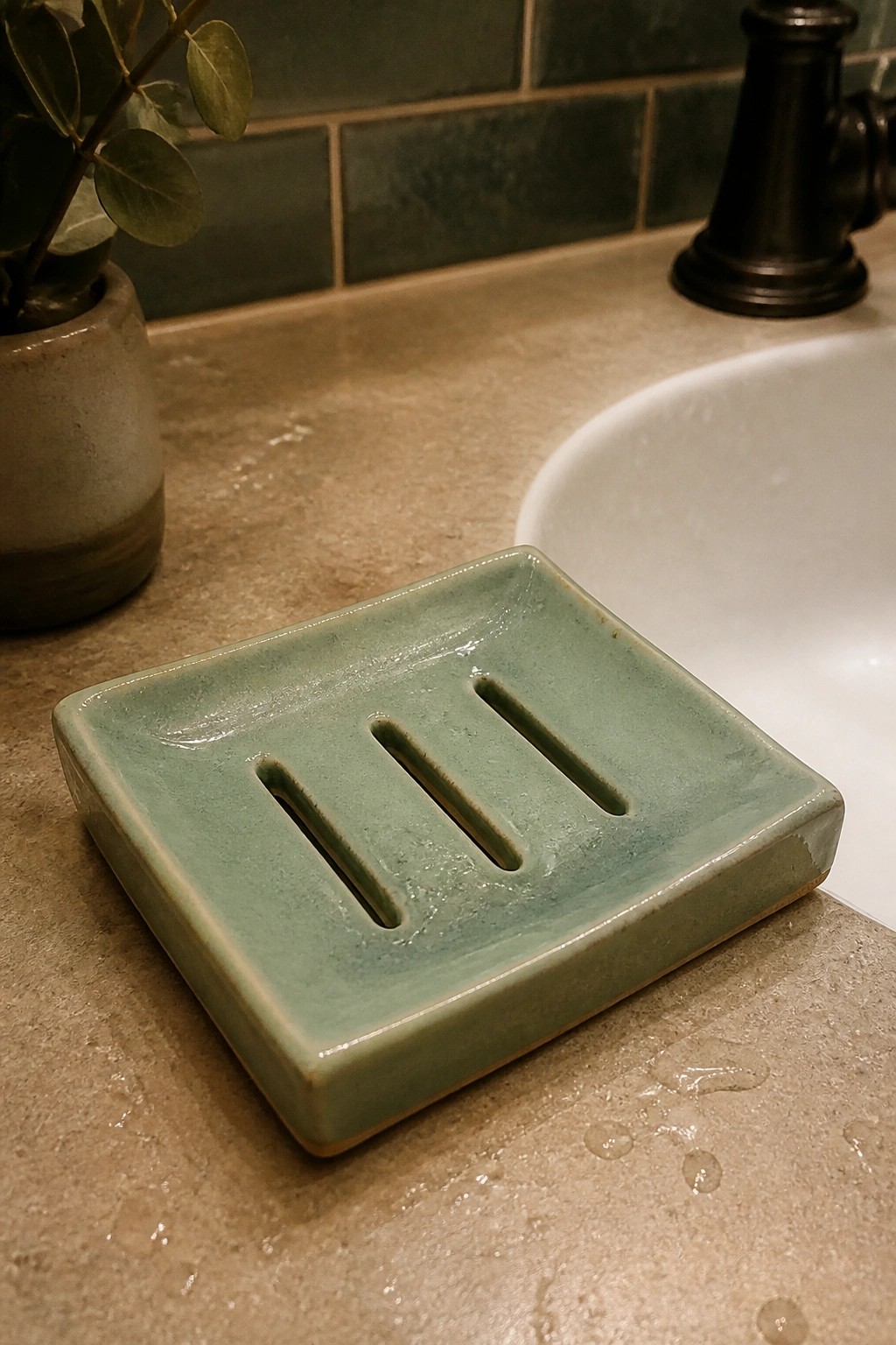 Green ceramic soap dish with slots on wet bathroom countertop beside sink